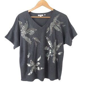 Chico’s Womens Lightweight 100% Linen Slate Gray Blue Top Sequins Sz 1 (M)